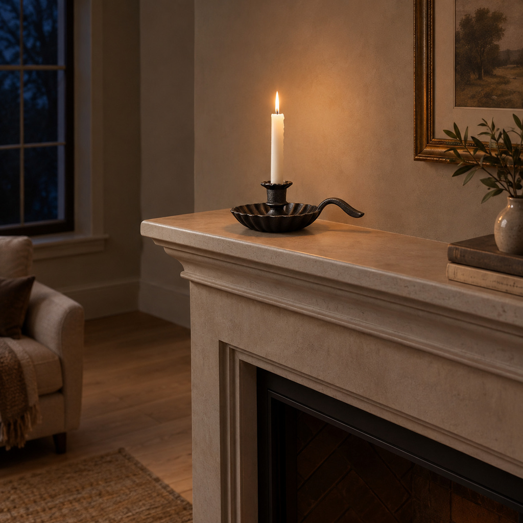 Cast iron chamberstick candle holder on a 140 cm wide mantelpiece above a fireplace with one lit taper candle in the holder