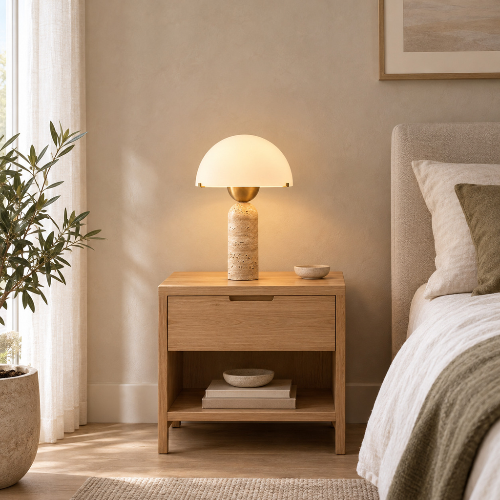 Travertine dome table lamp lit standing on a 48 cm wide oak bedside table against a plain wall