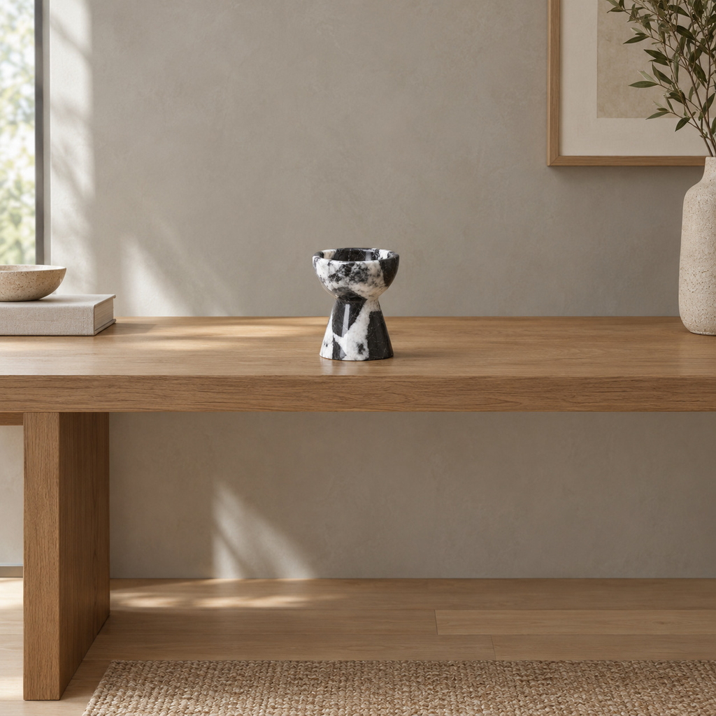 Pedestal marble candle holder in Black Marble on an oak console table in a calm room.