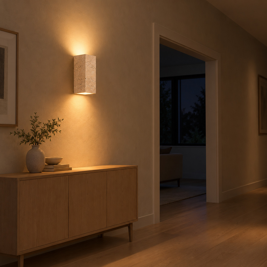 Travertine block wall sconce lit in the evening mounted on the plaster wall of a hallway beside an 80 cm wide doorway, the only light in the room