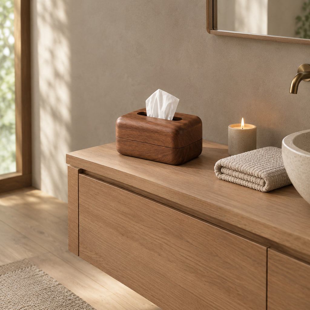 Walnut wooden tissue box in use on a bathroom vanity beside a folded towel.