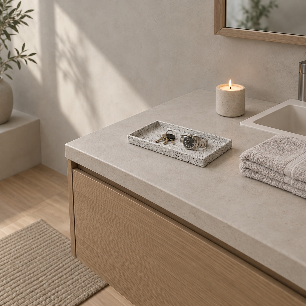 Speckled ceramic catchall tray in Speckled White on a 90 cm wide bathroom vanity beside a folded towel with a set of keys and a watch on the tray.