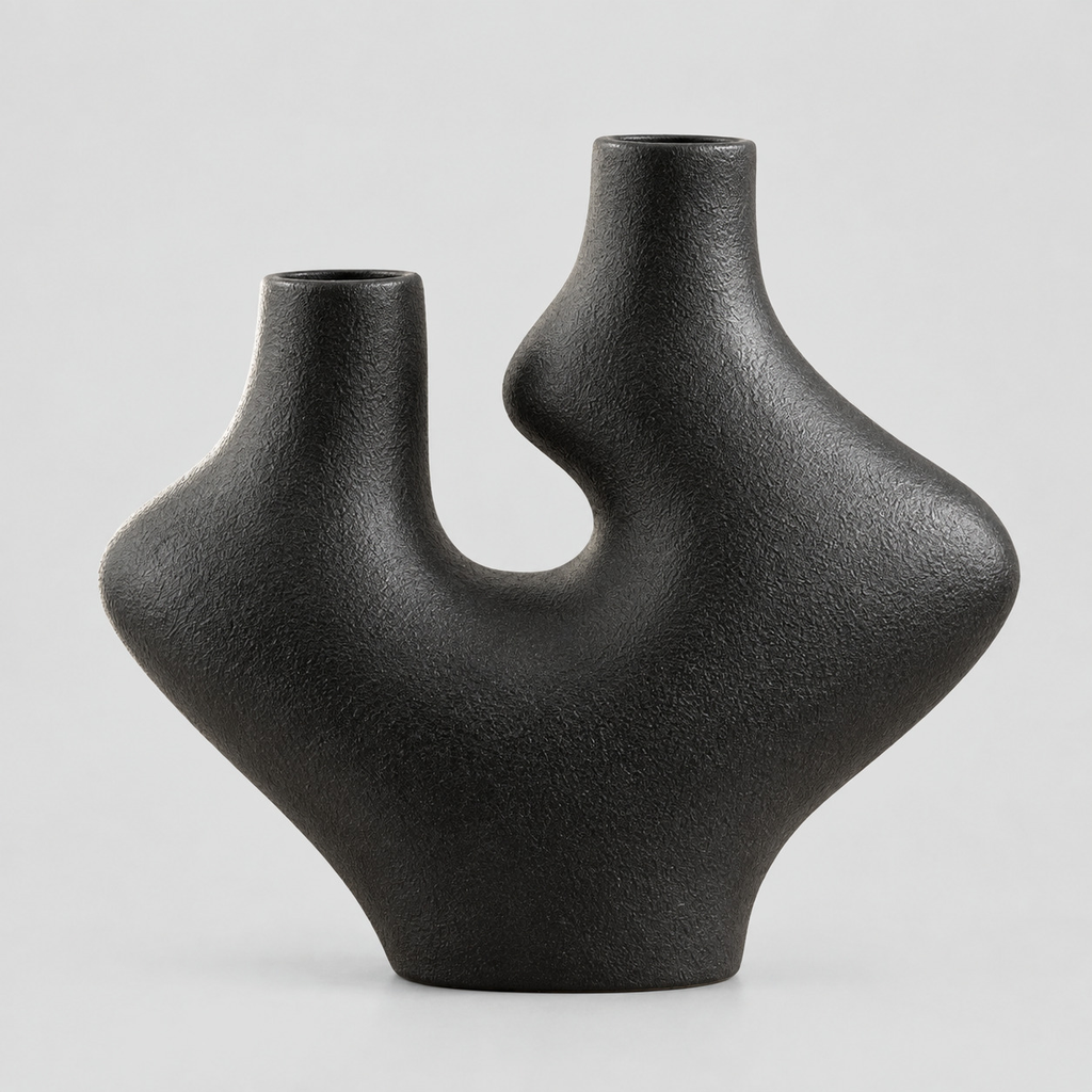 Dual-neck abstract ceramic vase in Matte Black on a light gray studio background
