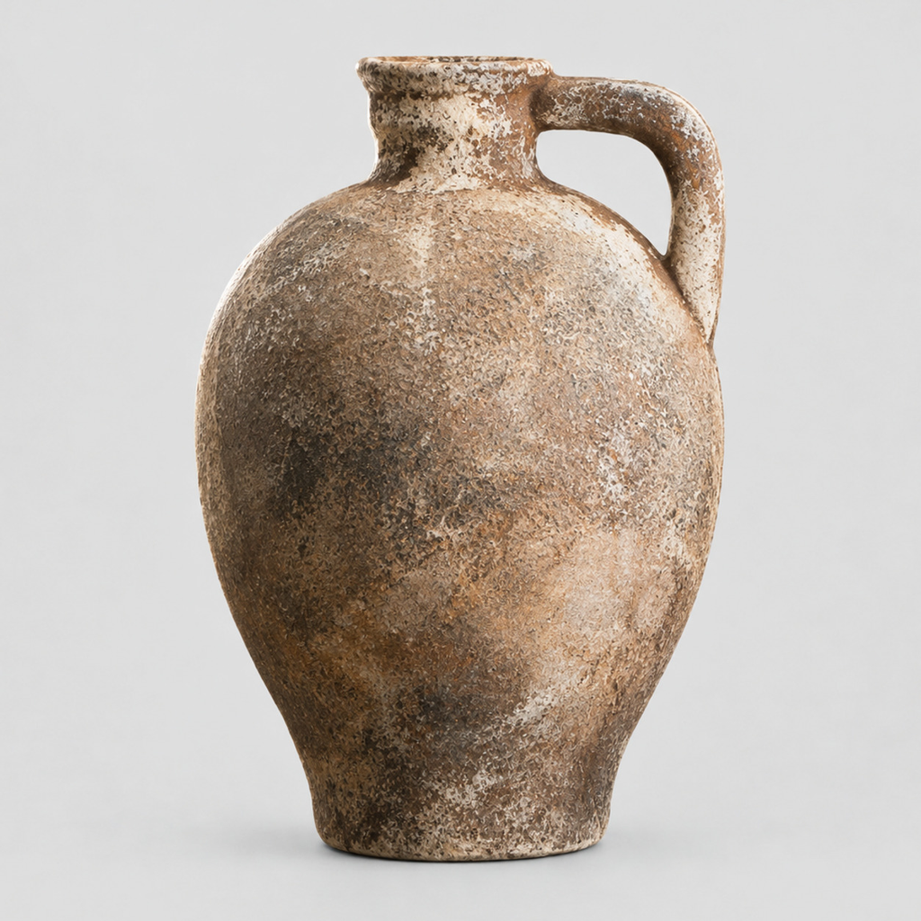 Rustic weathered ceramic vase in Weathered Ceramic on a light gray studio background.