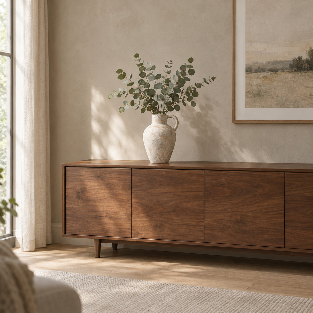 Vintage Beige ceramic pitcher vase on a walnut sideboard with a bunch of eucalyptus stems in the vase