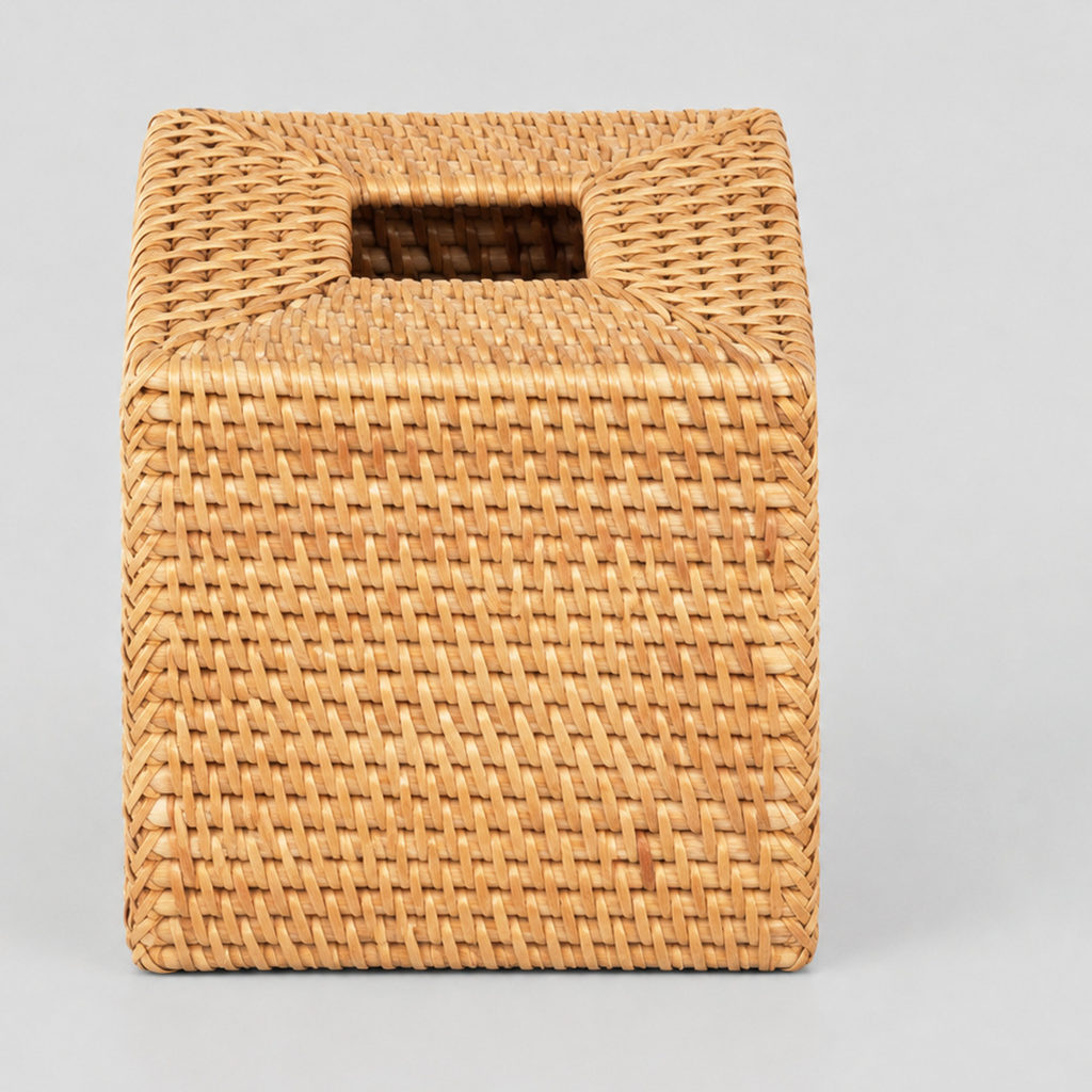 Woven rattan tissue box cover in Natural on a light gray studio background