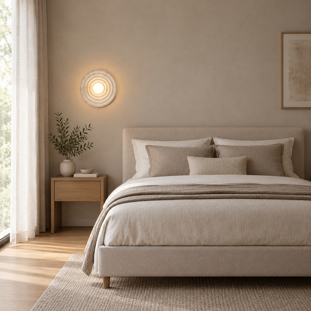 Distressed White circular concentric ripple wall sconce lit beside a 150 cm wide double bed against a plain wall.