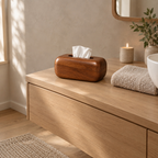 Curved solid wood tissue box cover in Walnut on a 90 cm wide bathroom vanity beside a folded towel.