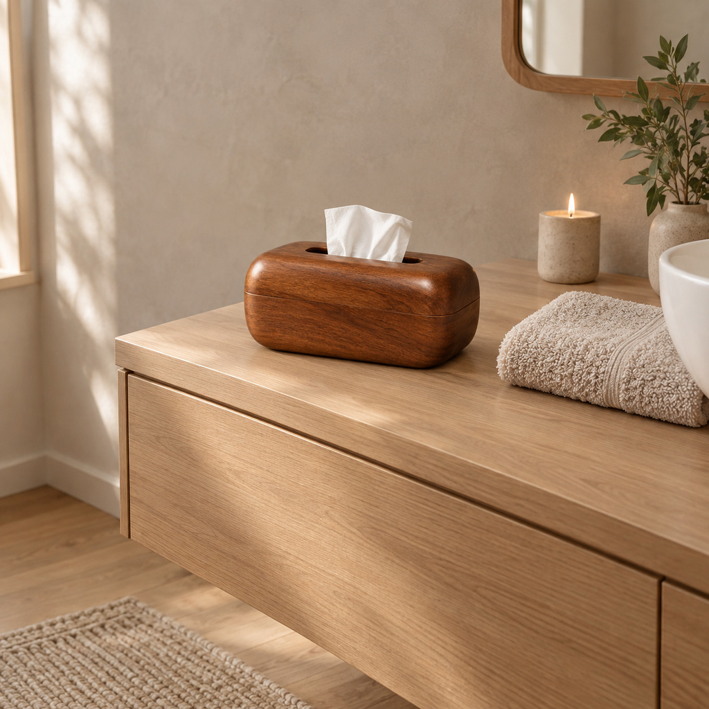 Curved solid wood tissue box cover in Walnut on a 90 cm wide bathroom vanity beside a folded towel.