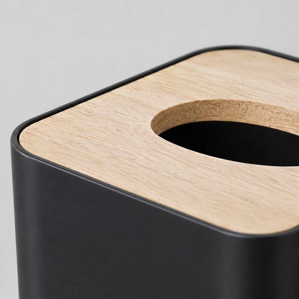 Close up of the recessed rim around the wooden lid of the black square tissue box cover.