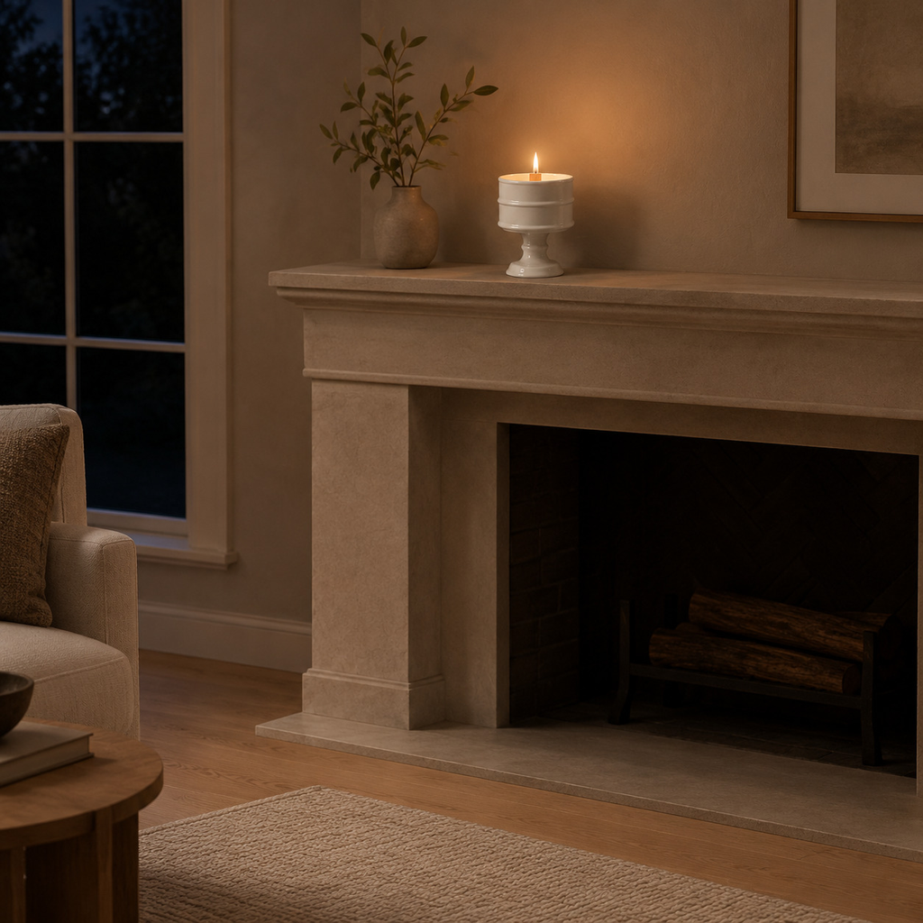 Glossy White ceramic pedestal candle vessel on a mantelpiece with one lit candle in the holder.
