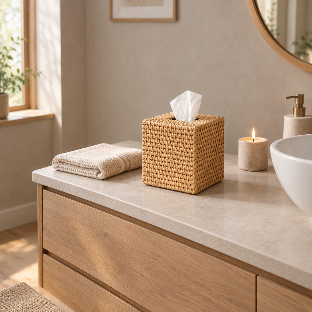 Square woven rattan tissue box cover in Natural Rattan on a 90 cm wide bathroom vanity beside a folded towel with a white tissue pulled through the top opening