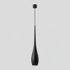 Matte Black slender teardrop pendant light switched off on a light gray studio background.