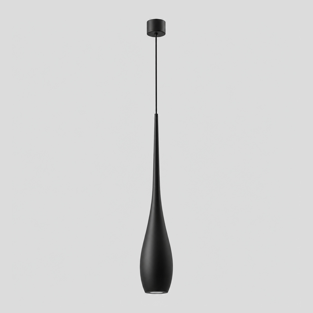 Matte Black slender teardrop pendant light switched off on a light gray studio background.