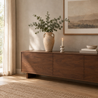 Weathered Sand ceramic amphora vase on a walnut sideboard with eucalyptus in the vase.