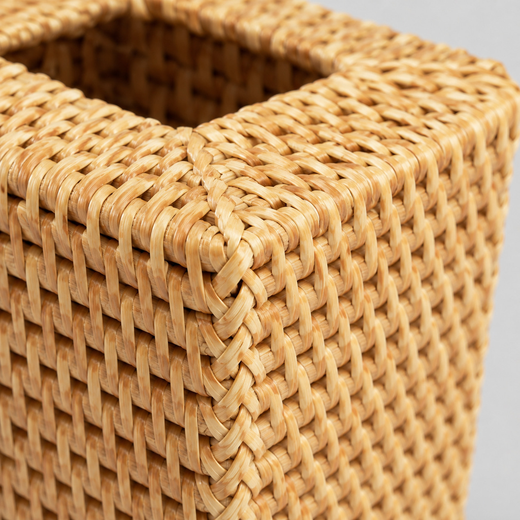 Close up of the tightly plaited weave of the rattan sides of the woven rattan cube tissue box cover
