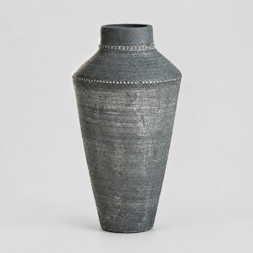 Antique Gray textured ceramic urn vase on a light gray studio background.