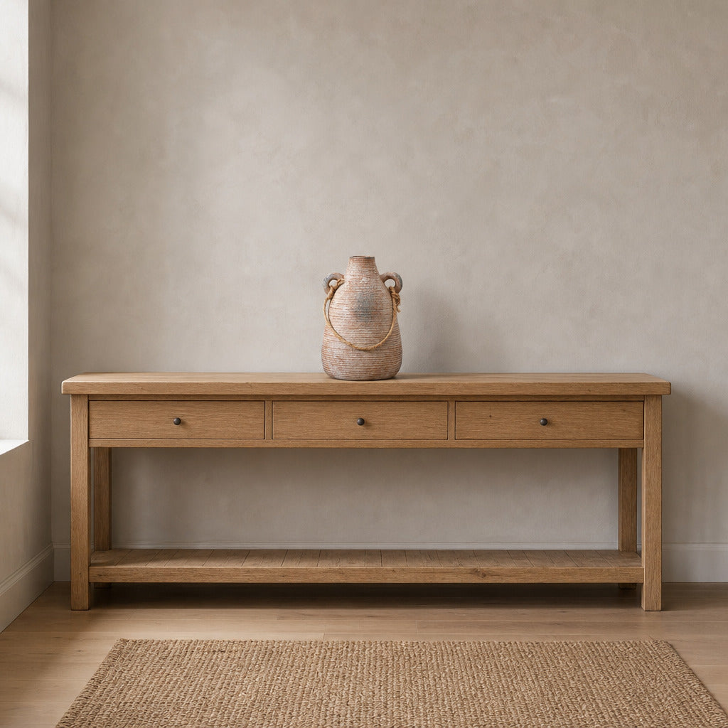 Ribbed ceramic vase with loop handles in Rust on a 120 cm wide oak console table in a calm room.