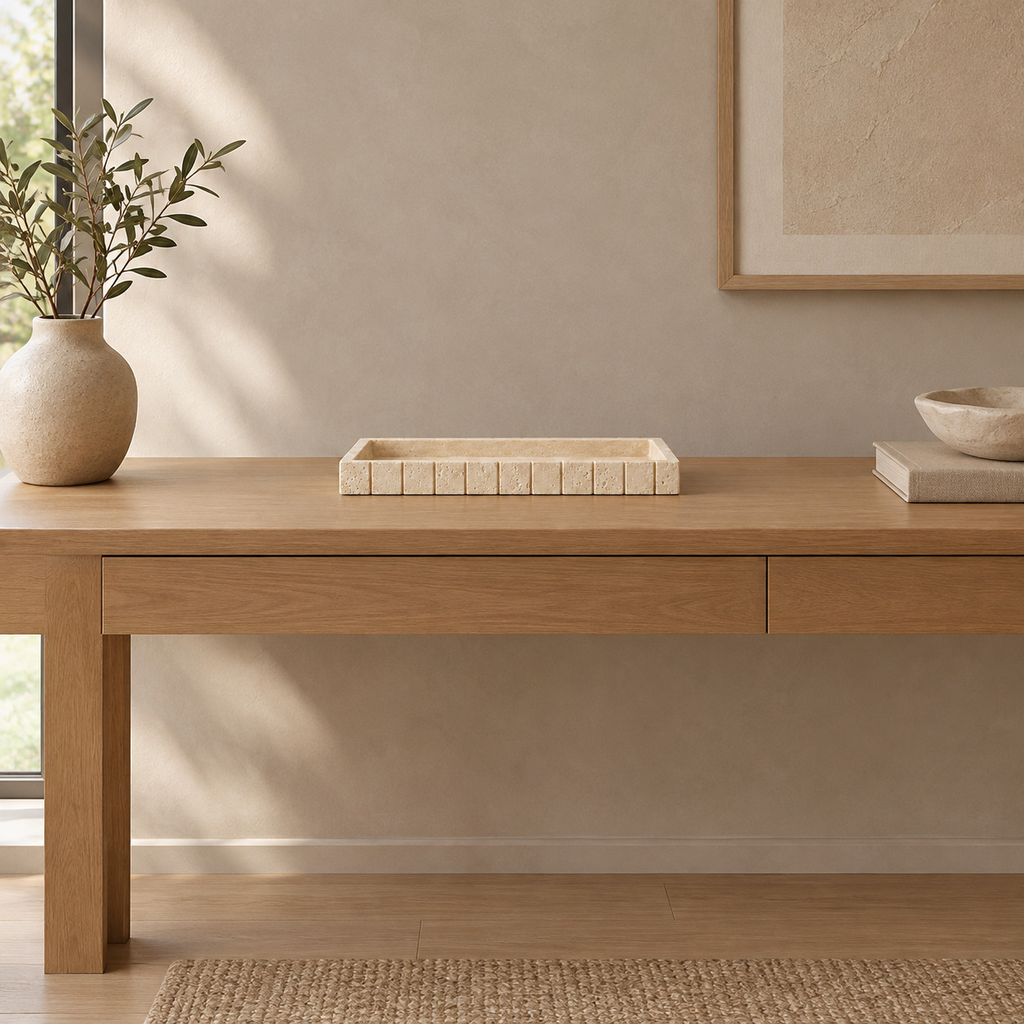 Beige rectangular fluted travertine vanity tray on an oak console table in a calm room.