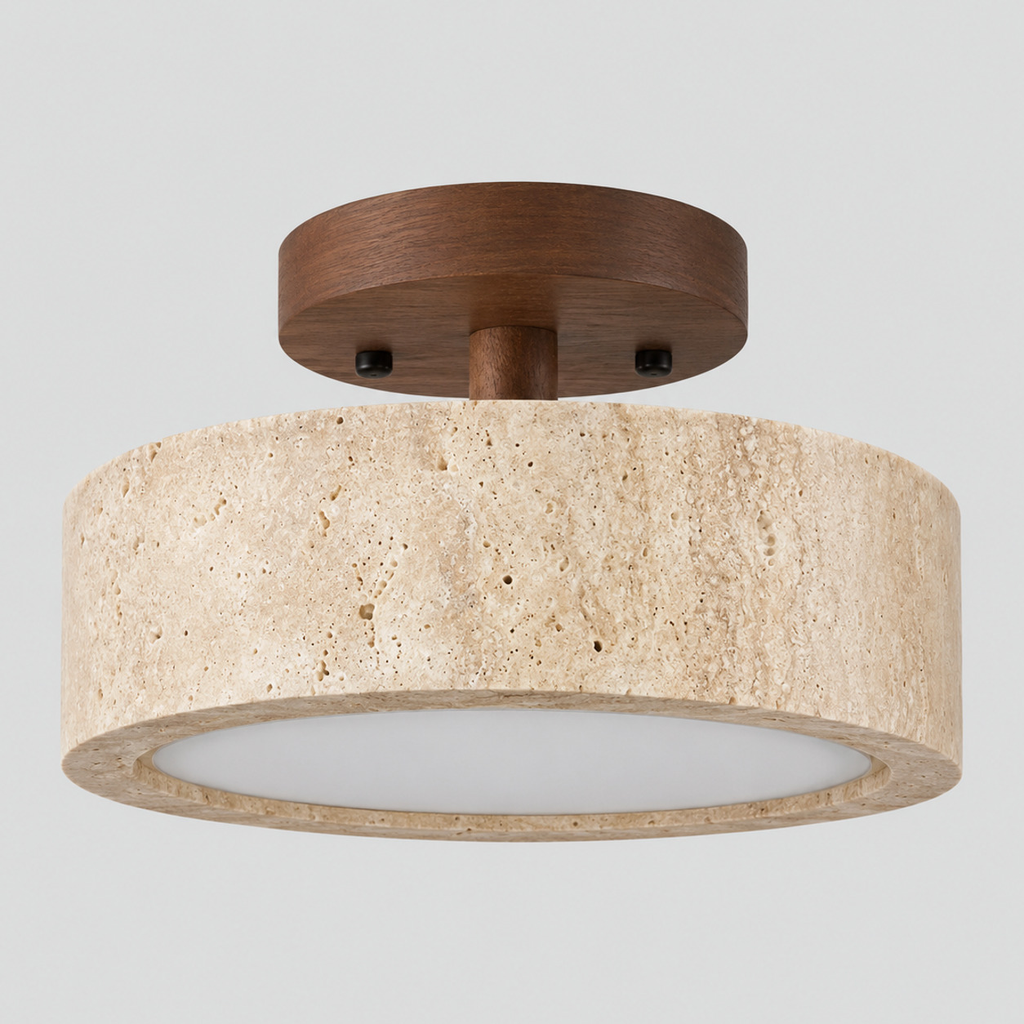 Travertine drum flush mount ceiling light in Walnut on a light gray studio background