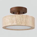Travertine drum flush mount ceiling light in Walnut on a light gray studio background