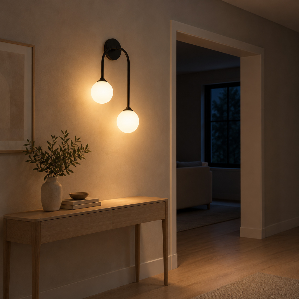 Matte Black asymmetric double-globe arch wall sconce lit in the evening beside an 80 cm wide doorway, the only light in the room.