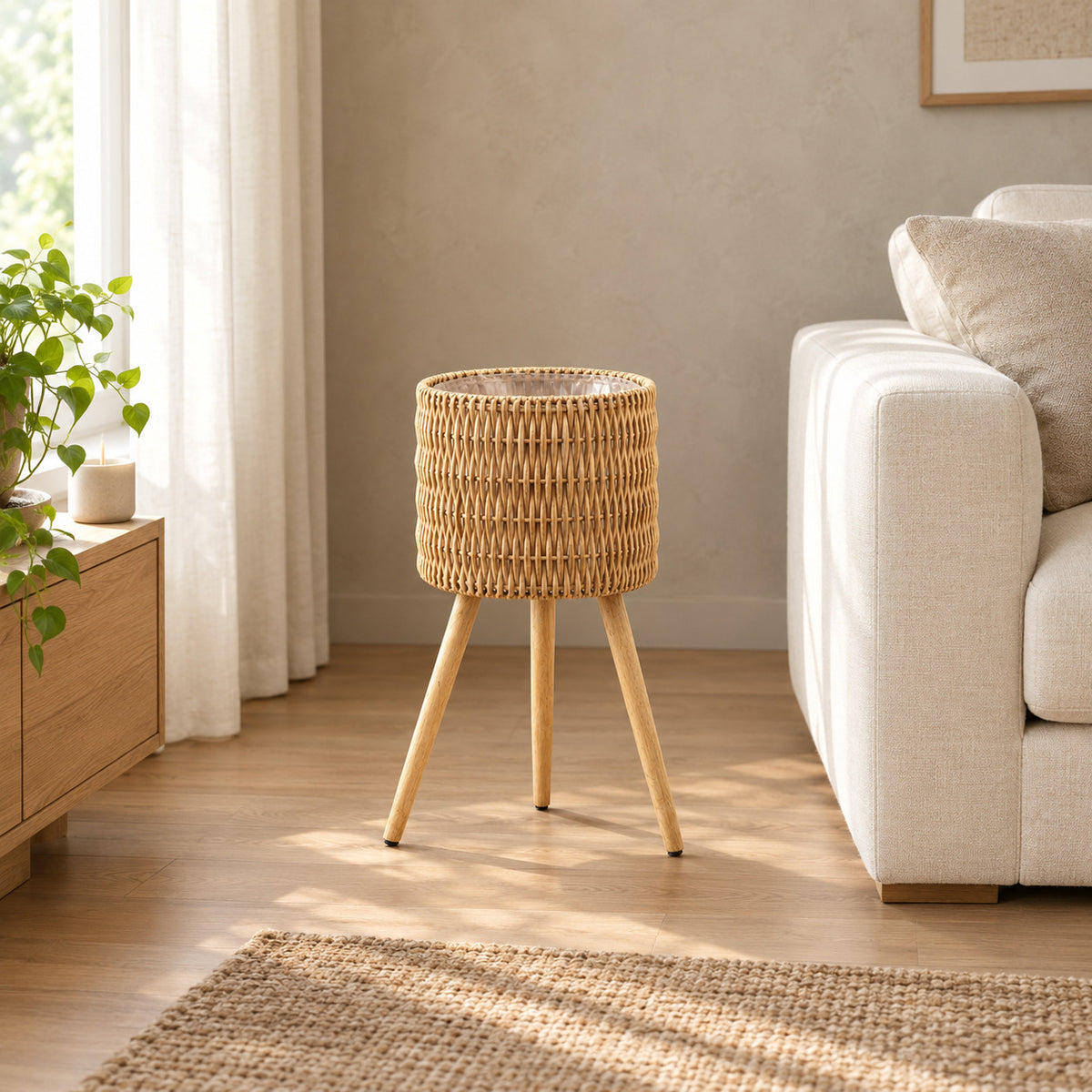 Standing woven rattan planter basket on wooden tripod legs in Natural Rattan on the floor beside a 200 cm wide cream sofa in a calm room.