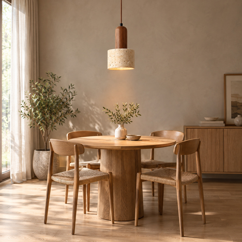 Yellow travertine pendant light lit hanging above a 90 cm round oak dining table in a daylight room.