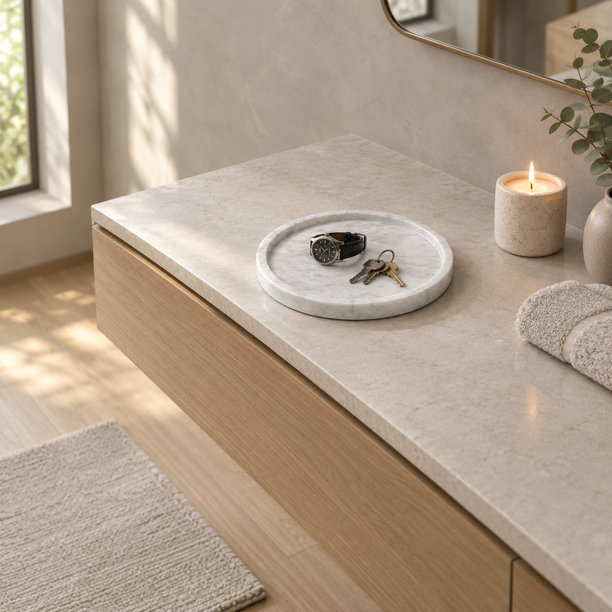 Round marble tray on a 90 cm wide bathroom vanity with a set of keys and a watch on the tray.