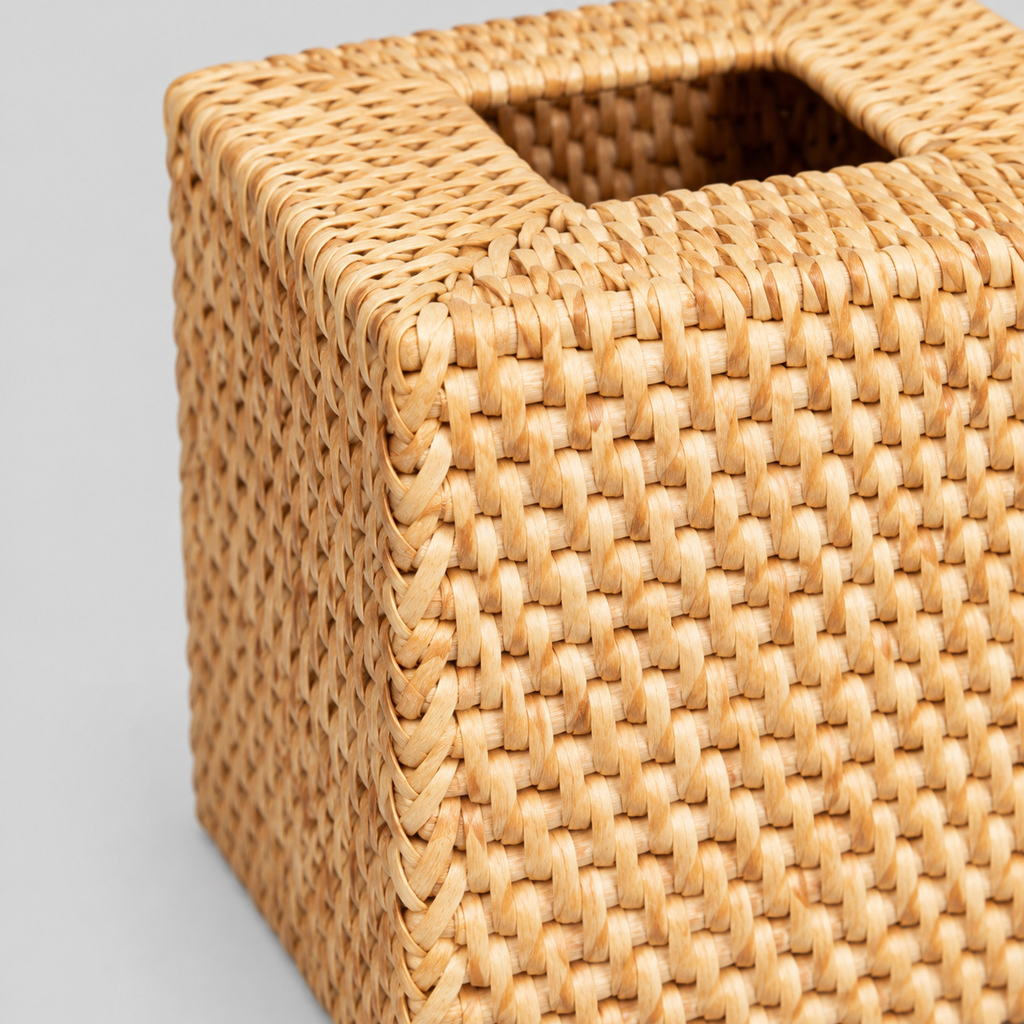 Close up of the weave of the natural rattan tissue box cover.