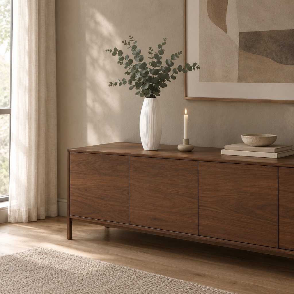Matte white ribbed ceramic vase on a walnut sideboard with eucalyptus in the vase