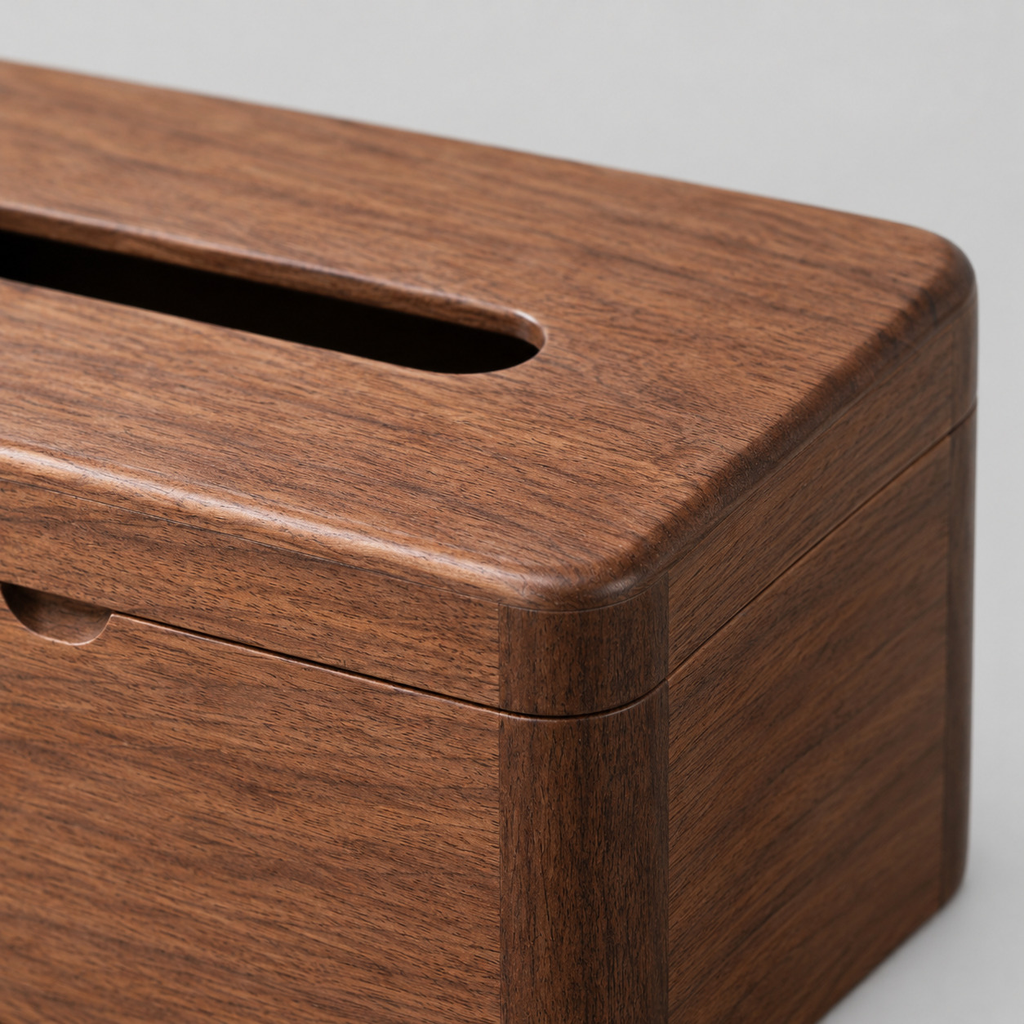 Close up of the smooth rounded rim of the hinged lid of the solid walnut tissue box.