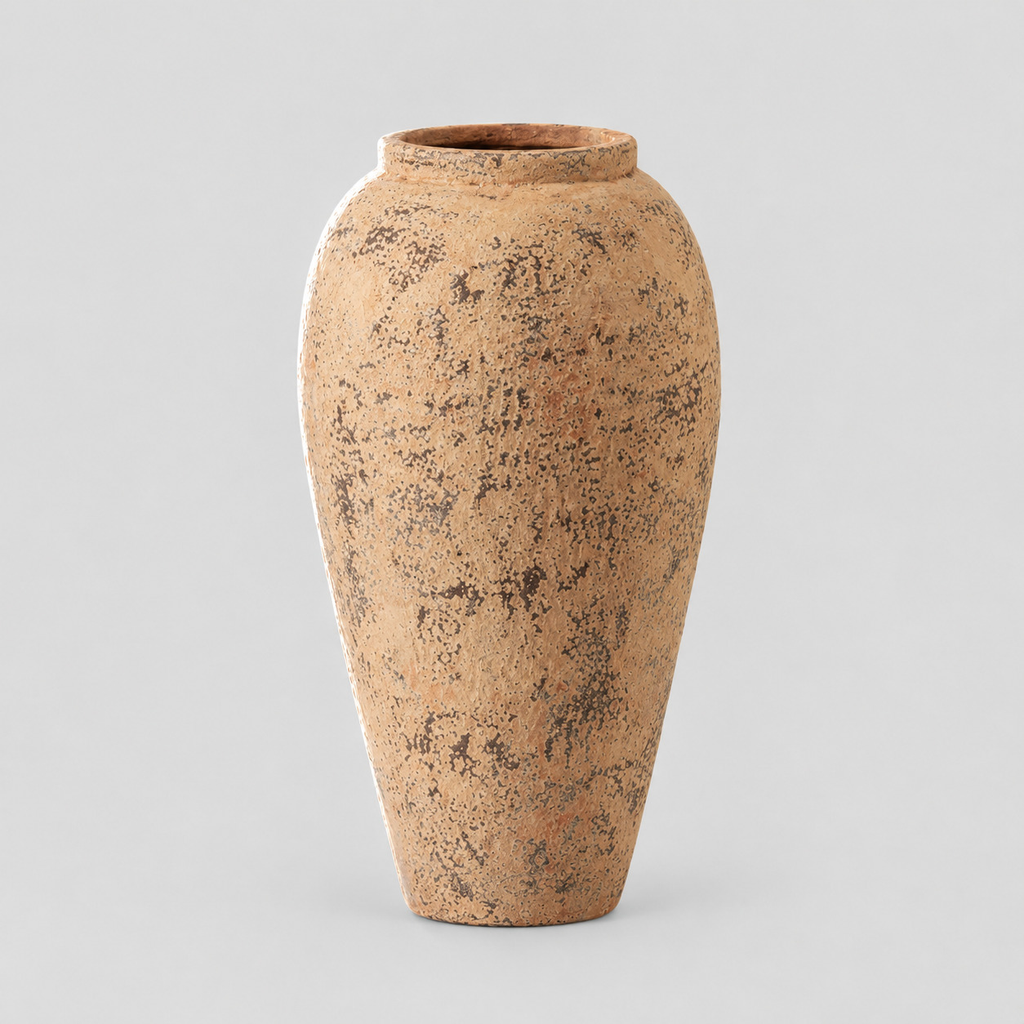 Weathered ceramic vase in Light Brown on a light gray studio background, in its Round shape