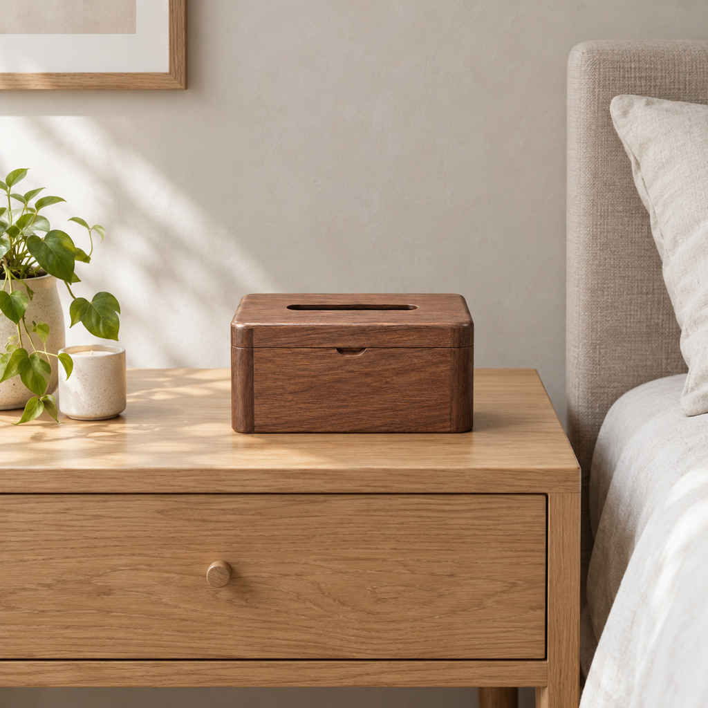 Solid walnut hinged tissue box on an oak bedside table in a calm room.