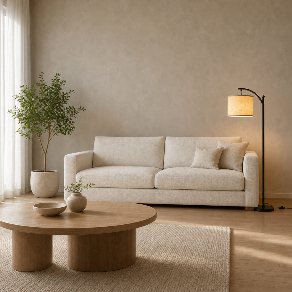 Matte Black arched floor lamp lit standing on the floor beside a 200 cm wide cream linen sofa.