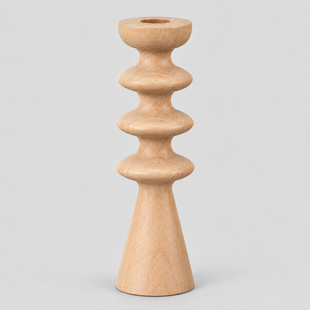Natural beech turned beechwood taper candlestick on a light gray studio background