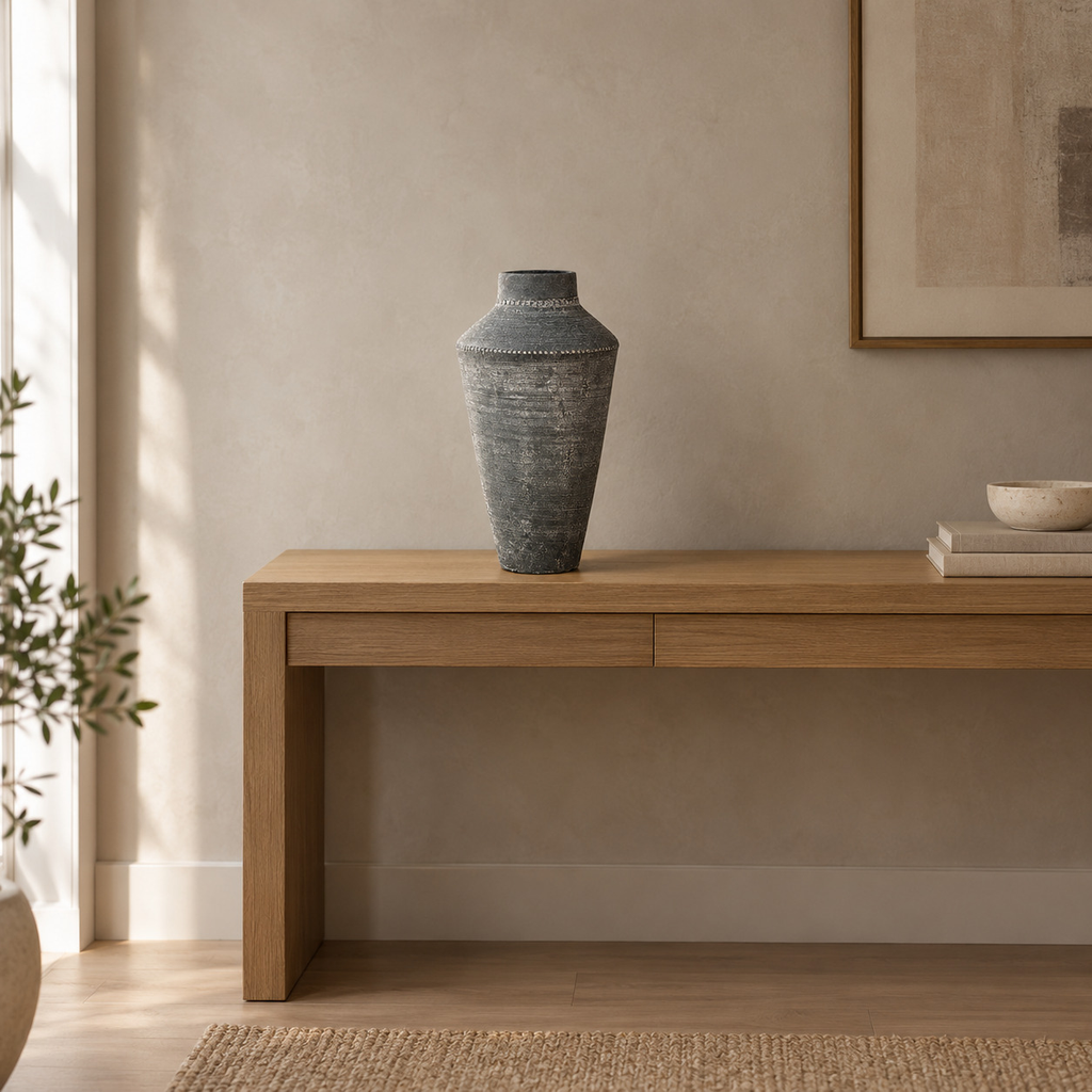 Antique Gray textured ceramic urn vase on a 120 cm wide oak console table in a calm room.
