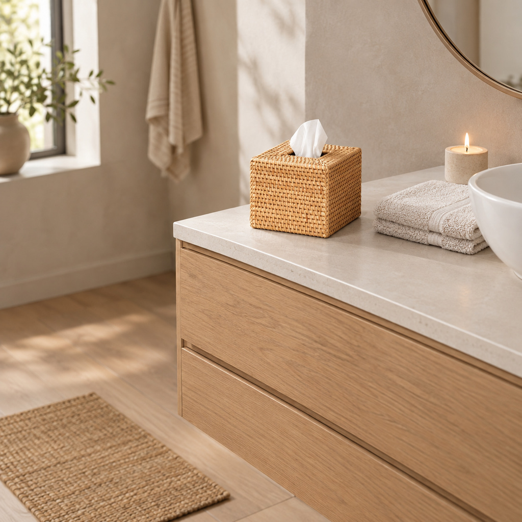 Woven rattan tissue box cover on a 90 cm wide bathroom vanity beside a folded towel