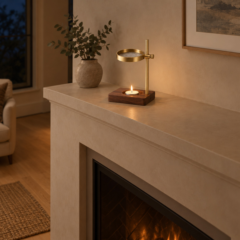 Adjustable incense burner on a 140 cm wide mantelpiece above a fireplace with one lit candle in the holder