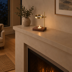 Adjustable incense burner on a 140 cm wide mantelpiece above a fireplace with one lit candle in the holder