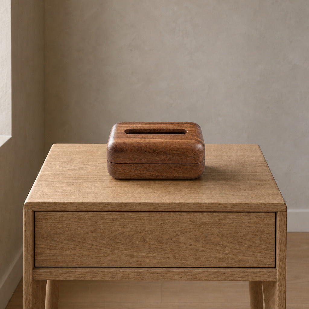 Rounded rectangular wooden tissue box cover in Walnut on a 48 cm wide oak bedside table in a calm room.