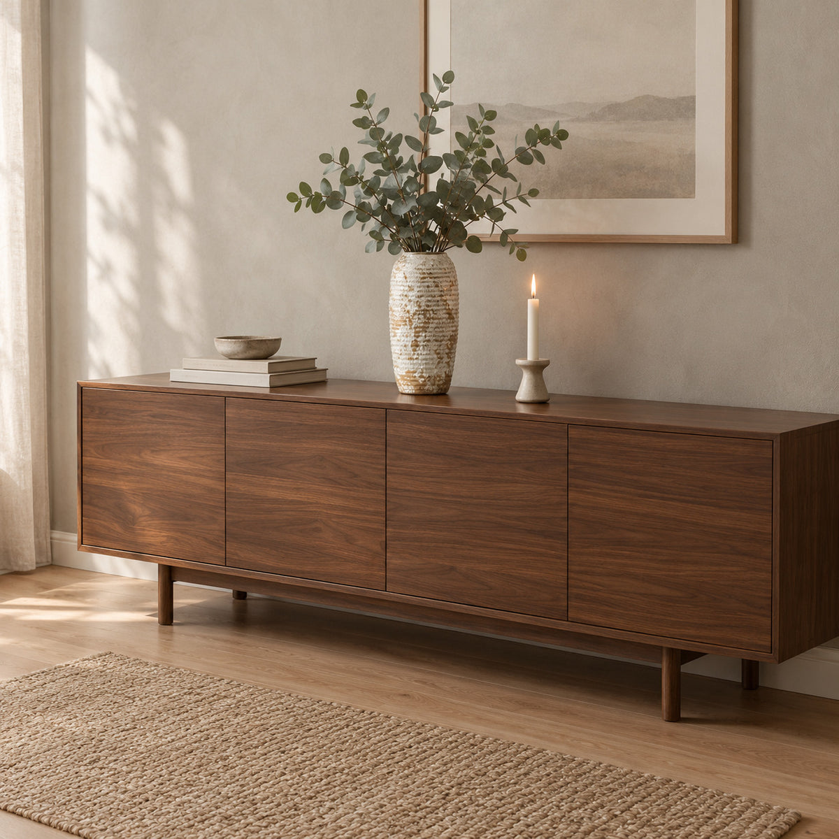 Ribbed barrel ceramic vase in Distressed White on a 160 cm wide walnut sideboard beneath a framed print with a bunch of eucalyptus in the vase.