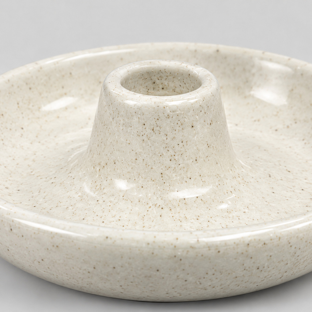 Close up of the speckled glossy glaze across the dish of the ceramic taper candle holder in Speckled Off-White