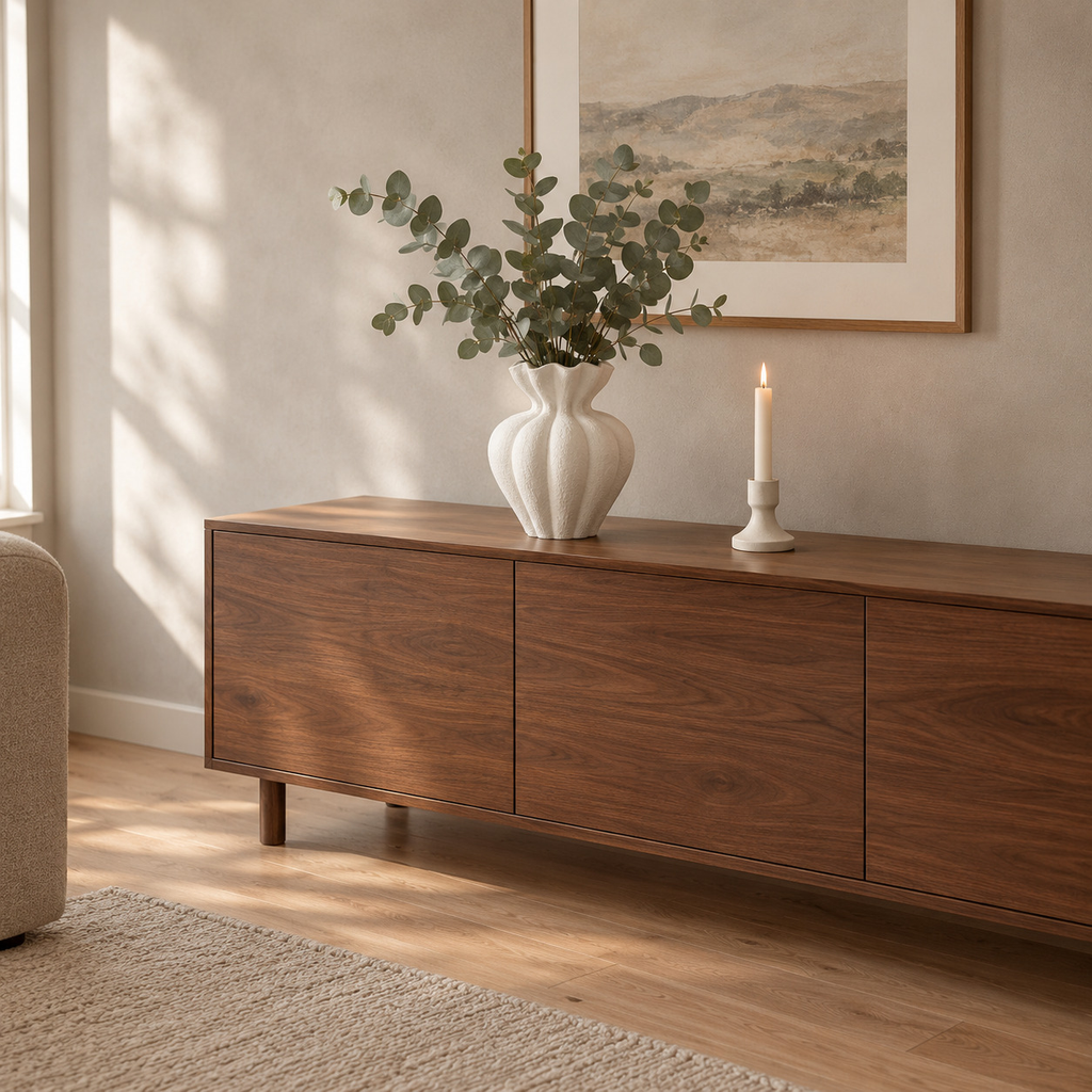 Fluted ceramic vase in Matte White on a walnut sideboard with a bunch of eucalyptus.
