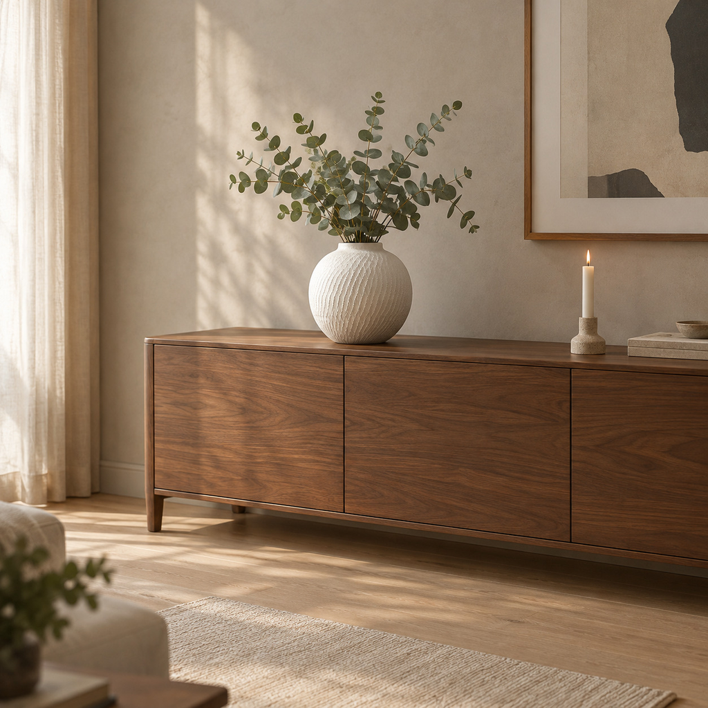 Textured ceramic vase in Matte White on a 160 cm wide walnut sideboard beneath a framed print with a bunch of eucalyptus.