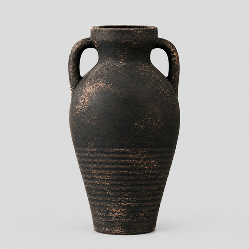 Two-handled ceramic amphora vase in the Antique Black finish on a light neutral gray studio background.