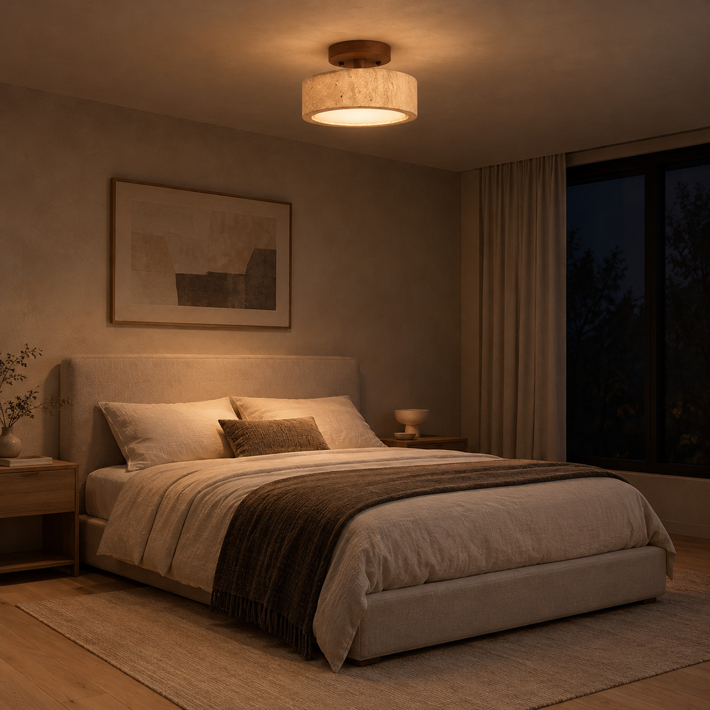 Travertine drum flush mount ceiling light lit in the evening on the ceiling of a bedroom above a 160 cm wide made bed, the only light in the room