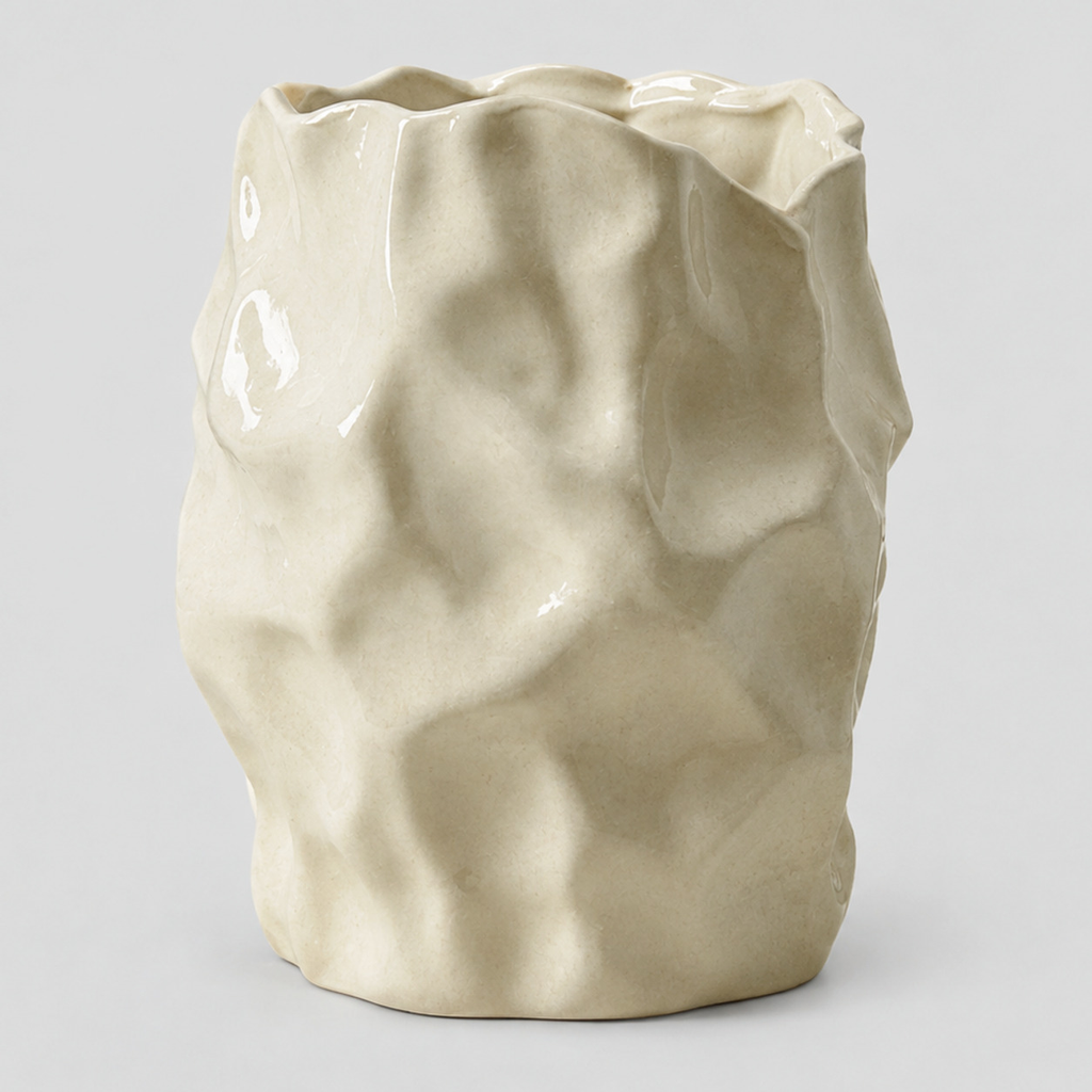 Cream crinkled ceramic vase on a light gray studio background.