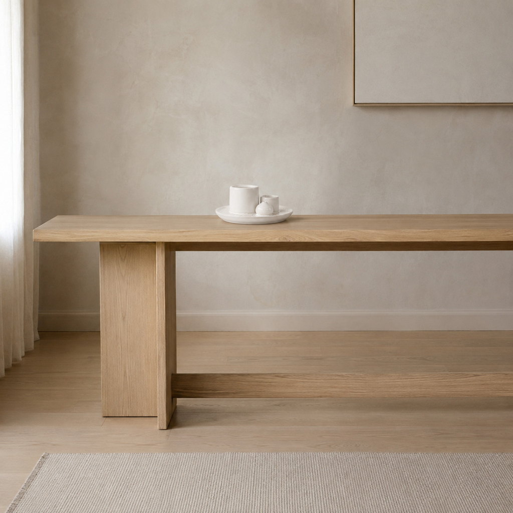 White ceramic incense and candle tray on an oak console table in a calm room