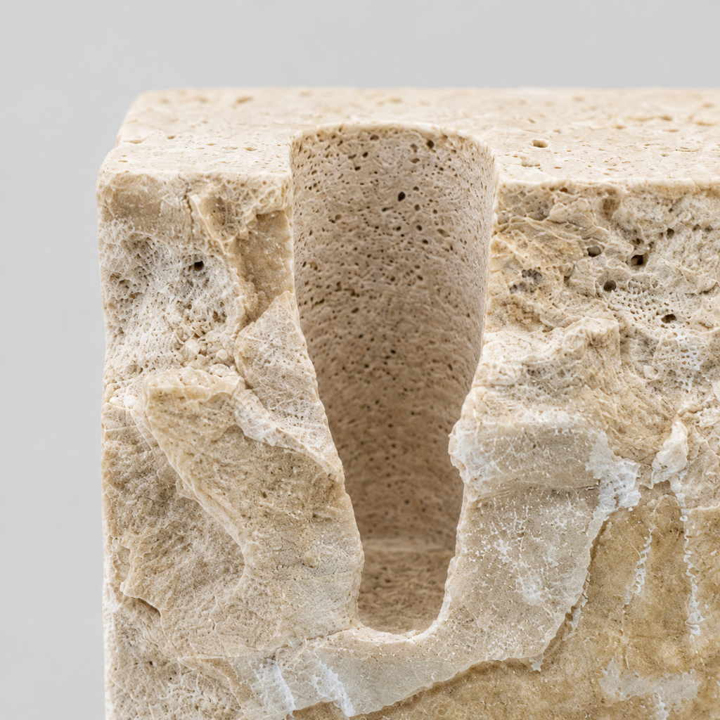 Close up of the carved candle slot of the travertine candle holder